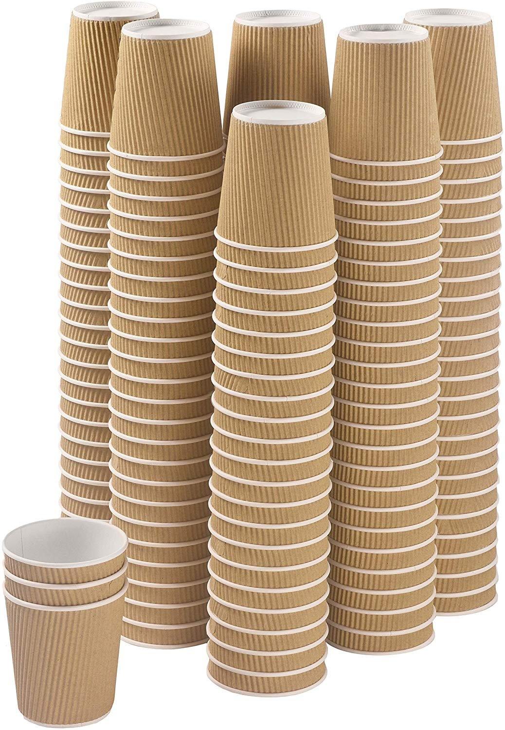 Set of 150 ripple insulated kraft 6-oz paper cups, ideal for hot and iced drinks.