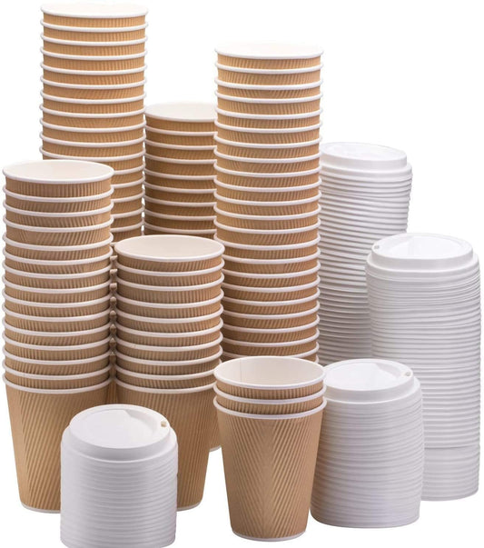 NYHI Set of 150 Brown Disposable Paper Cups with White Lids (6 oz.) | Ripple Insulated Kraft for Hot Drinks - Tea & Coffee | Triple Layer Design | Recyclable, Durable Paper - NY-HI