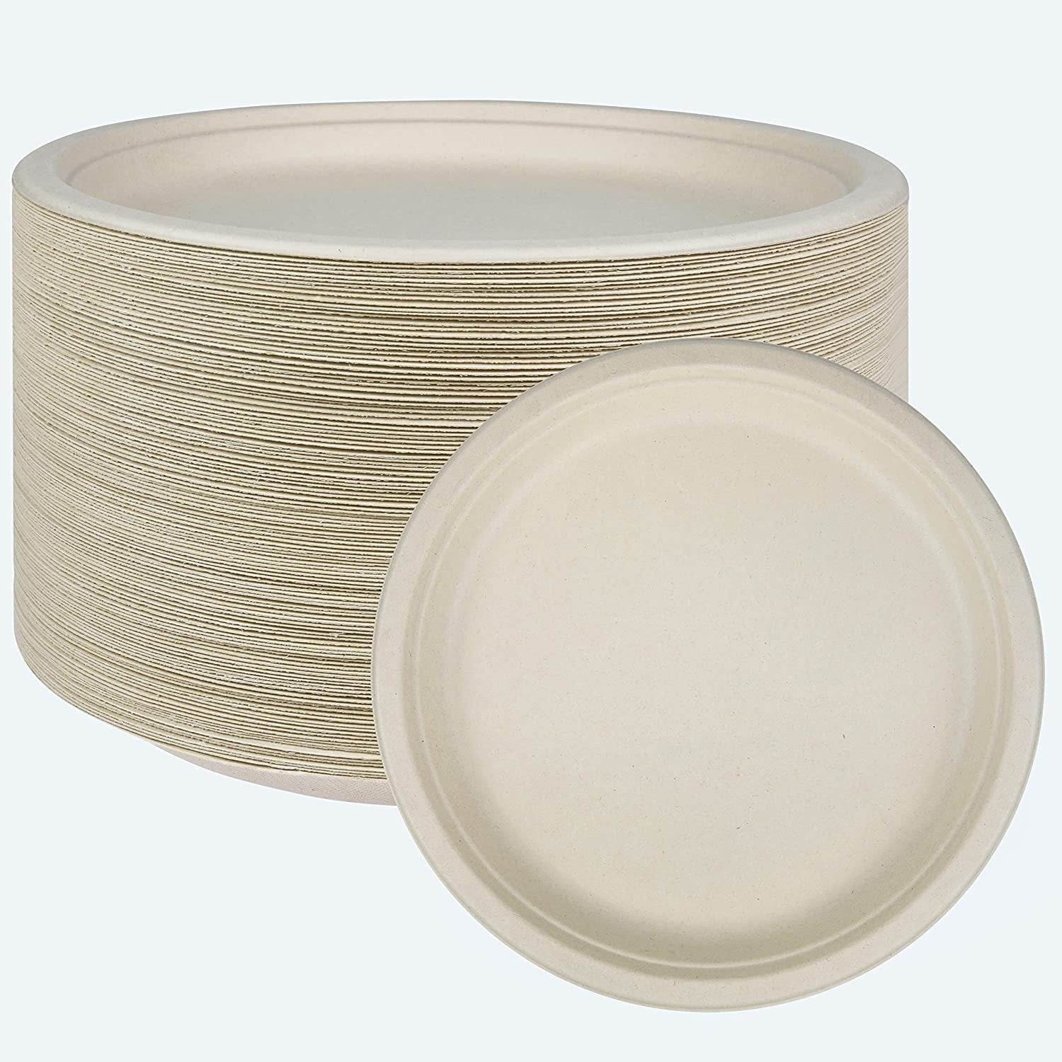 Brown eco-friendly sugarcane paper plates, 10-inch disposable, cut and leak-resistant, 125 pack.