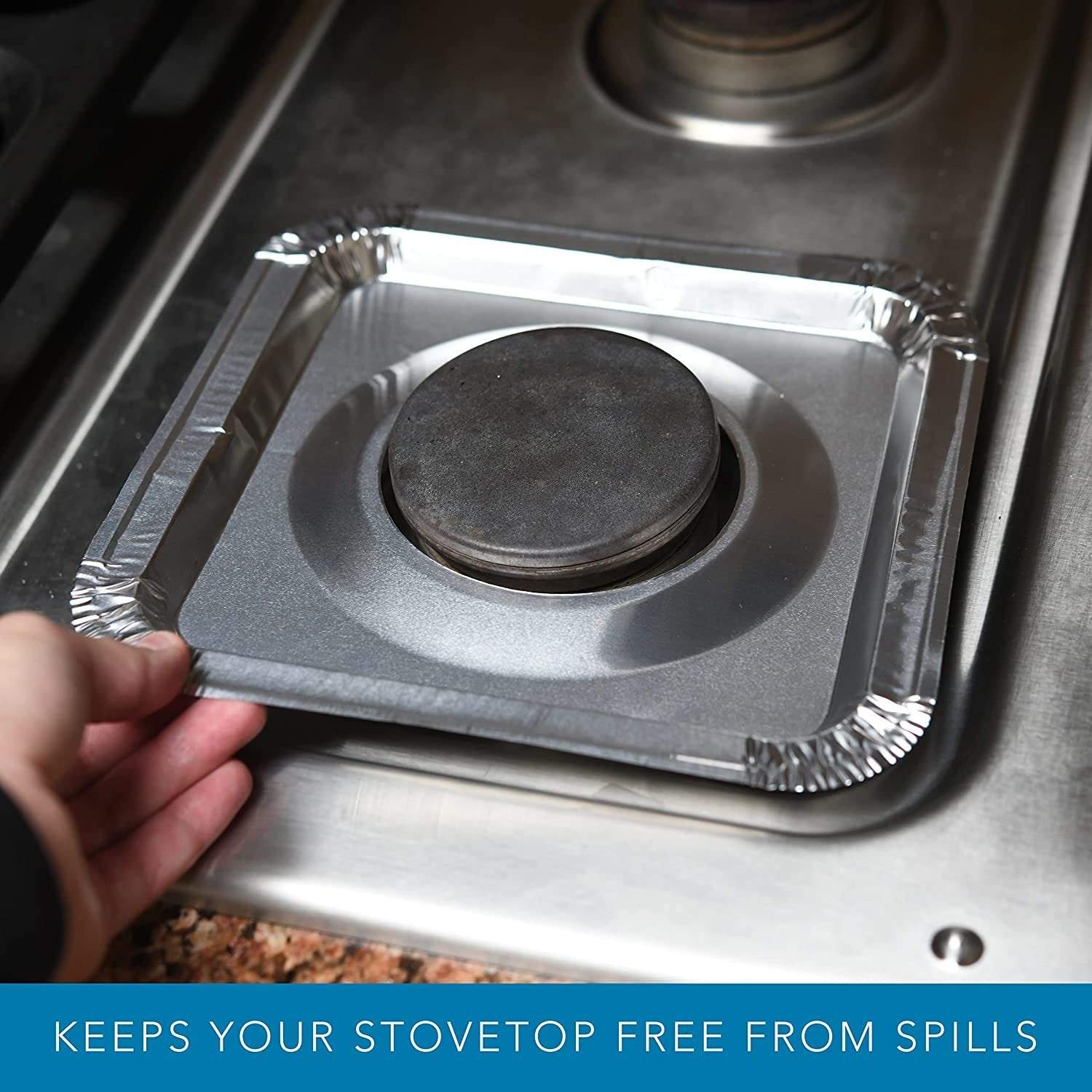 Upgraded Square Gas Range Protectors Covers | Thick 8.5 Inch Disposable Aluminum Foil Stove Drip Pans Catch Grease, Spills & Oil | Designed To Fit Around Burners Easily | 50 Pack - NY-HI