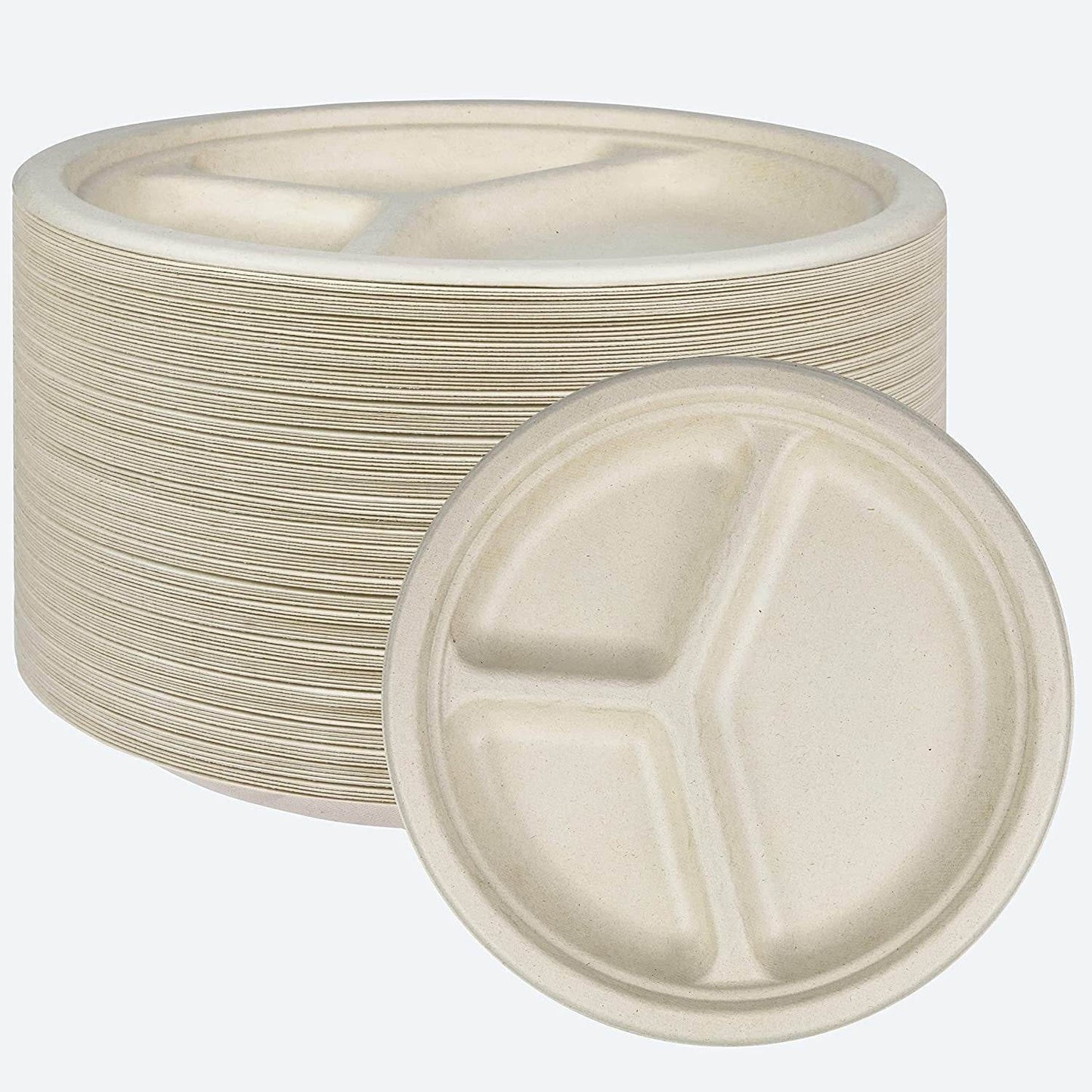 Brown eco-friendly sugarcane paper plates, 10-inch heavy-duty, cut and leak-resistant, 125 pack.