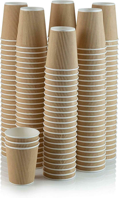 Set of 150 ripple insulated kraft 10-oz paper cups with three-layer rippled wall.