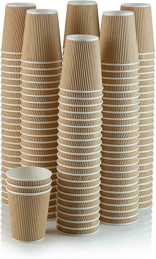 Set of 150 ripple insulated kraft 10-oz paper cups with three-layer rippled wall.