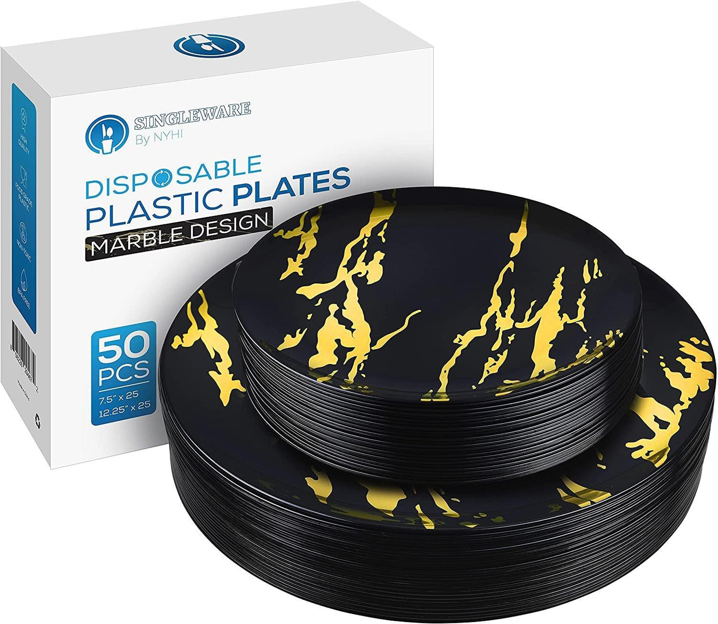 Elegant plastic dinner plates set with beautiful black and gold marble design, includes 25 dinner plates and 25 salad plates, disposable dinnerware.