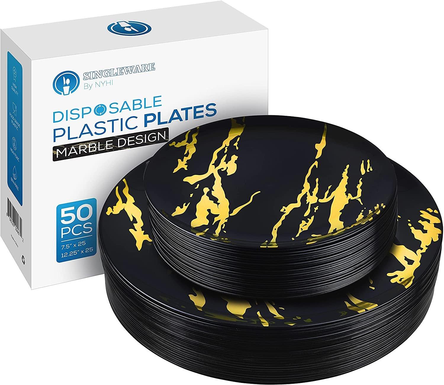 Elegant plastic dinner plates set with beautiful black and gold marble design, includes 25 dinner plates and 25 salad plates, disposable dinnerware.