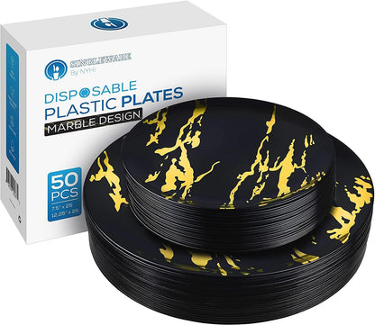 Elegant plastic dinner plates set with beautiful black and gold marble design, includes 25 dinner plates and 25 salad plates, disposable dinnerware.
