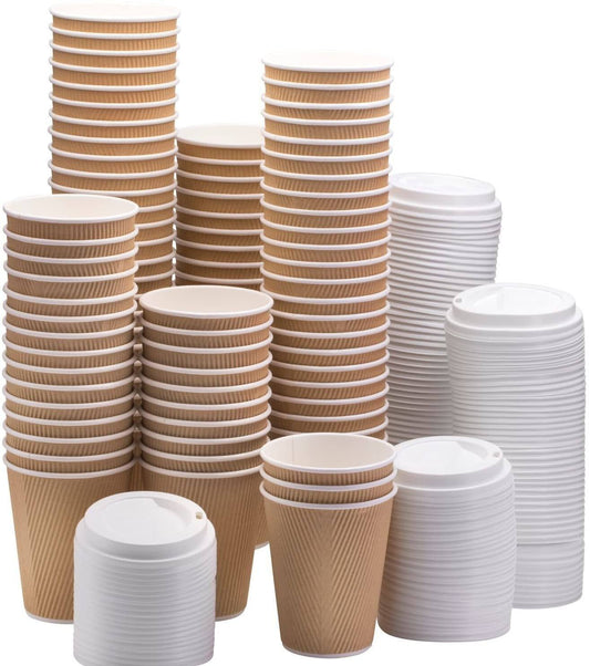 Eco-friendly recyclable durable brown disposable paper cups with white lids, 10-ounce ripple insulated design.